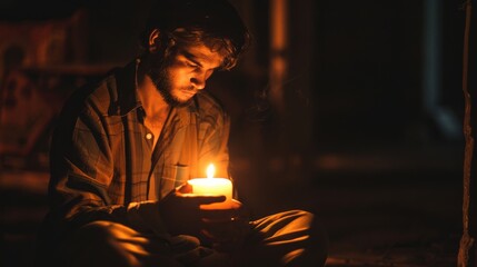 A man is sitting on the floor with a candle in his hand