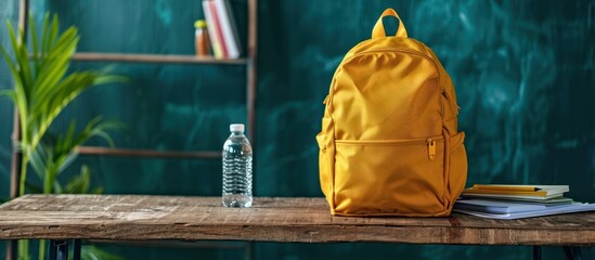 photo Yellow school backpack with stationery and water bottle on wooden table near blackboard closeup