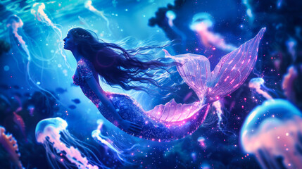 A mermaid swimming in a purple ocean
