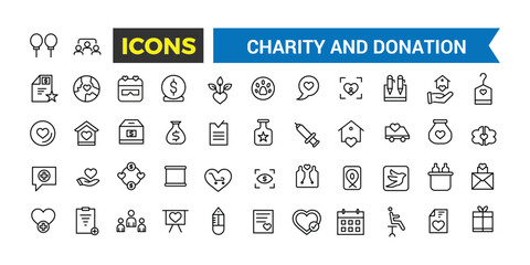 Charity And Donation Icon Set, Set Of Charity Line Icons, Simple Pictograms Pack, Stroke Vector Illustration