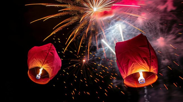 Sky lanterns with fireworks, flying lanterns, floating lanterns, hot-air balloons , Loy Krathong (Yi Peng) Festival in Chiang Mai Thailand