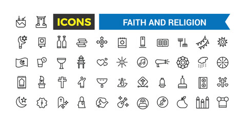 Faith And Religion Line Icons Collection, Big Ui Icon Set In A Flat Design, Thin Outline Icons Pack, Vector Illustration