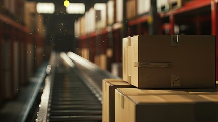 This image vividly depicts the dynamic environment of an automated warehouse with packages efficiently moving along a conveyor system, capturing the essence of modern industrial logistics