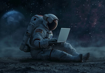 An astronaut sitting on the ground in space, using his laptop computer to write an interesting story about distant galaxies and planets