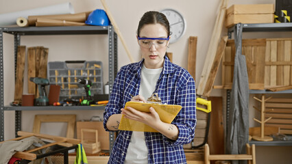 A young caucasian woman in safety glasses focused on writing in a clipboard at an indoor carpentry...