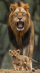  brüllendes löwen baby mit erwachsenem Löwen im Hintergrund - Roaring lion baby with adult lion...