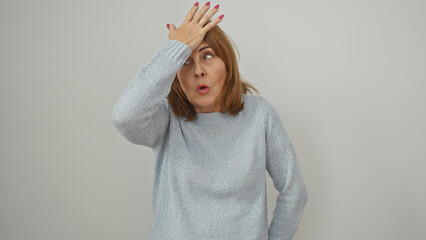 Surprised middle-aged woman with short hair posing against a white background, expressing...