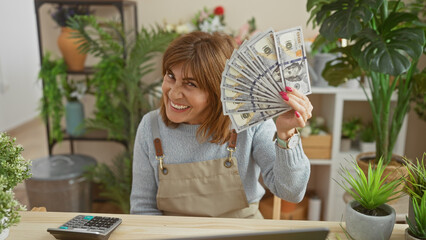 A cheerful woman in a florist shop displaying a fan of dollars, surrounded by vibrant greenery and...
