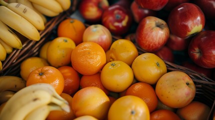 A collection of apples, oranges, and bananas in a basket, taken from a unique angle.