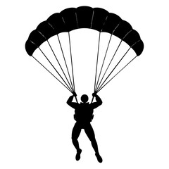 Man Jumping With Parachute vector silhouette, white background 