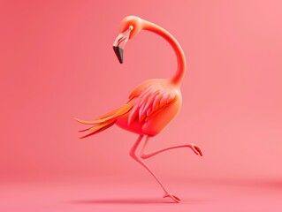 3D render of a pink flamingo dance isolated on pink backdrop, illustration