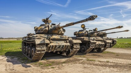 Fototapeta premium Camouflaged Iron Giants Roaming the Dusty Battlefield