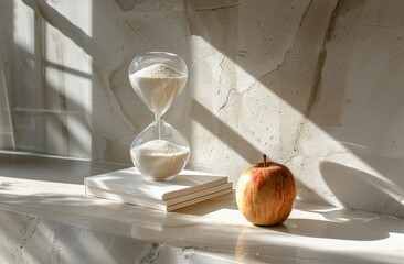 Apple on Book by Hourglass