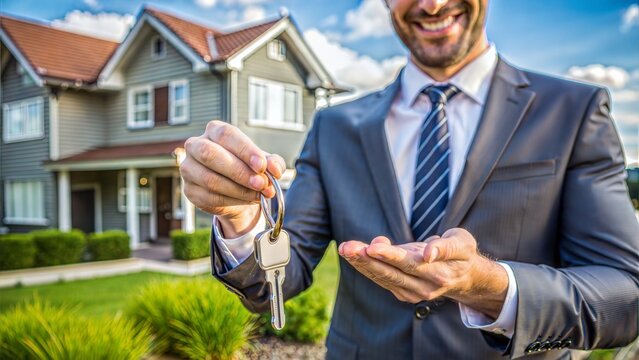 Real Estate Agent Handing Over Keys: A photo showing a real estate agent handing over keys to a new homeowner or tenant, symbolizing the completion of a property transaction.	
