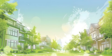 Obraz premium Illustration of eco-friendly architecture promoting pedestrian-friendly and environmentally conscious city planning. Concept Eco-friendly Architecture, Pedestrian-friendly City Planning
