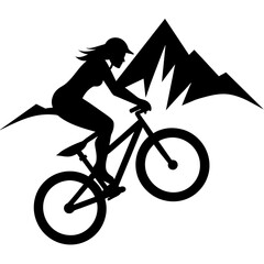 Fototapeta premium Mountain female biker, ride the mountain with stunting vector silhouette