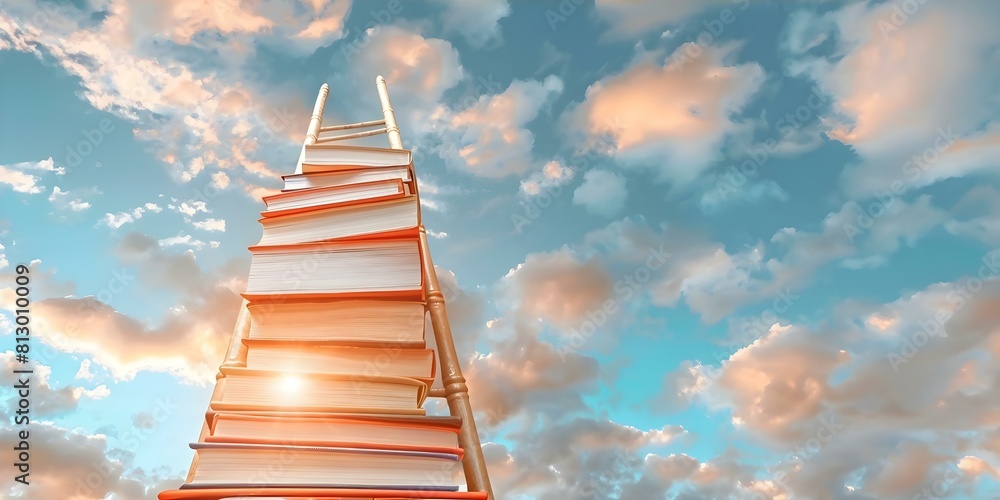 Poster book stack forming ladder reaching towards sky with clouds representing educational progress. concep