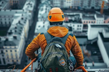 Safety Measures, Construction Worker Wearing Safety Harness While Working at Height