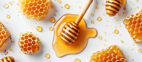 image of Honey with honey dipper isolated Top view. Lay flat