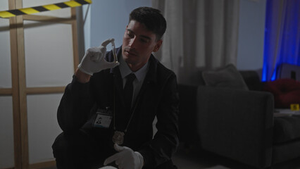 A young hispanic man in a suit examines evidence at a crime scene in an indoor house setting.