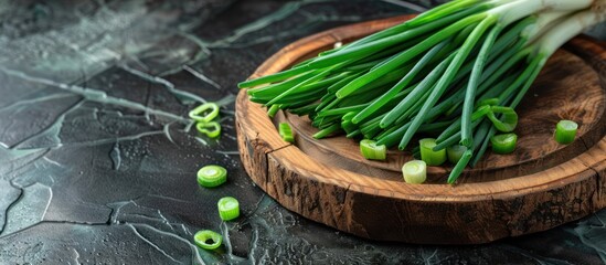 vegetable loncang Wooden board and bowl with fresh green onions on tile background