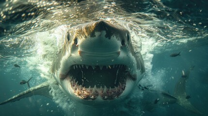photo of a sea shark from below. Open toothed mouth with many teeth. Underwater blue sea waves