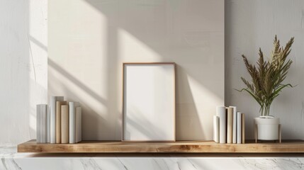 Minimalist bookshelf with a blank photo frame mockup for decoration