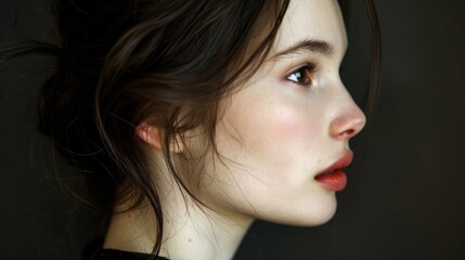 Close up portrait of beautifully looking young brown haired woman, dressed in a delicate evening makeup. Portrait in profile. Beauty, elegance, hairstyling  and cosmetic.