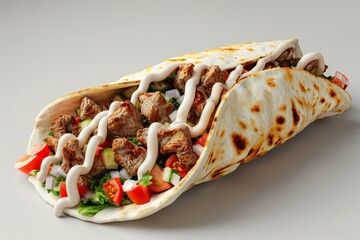 3D render of lamb gyros isolated on white backdrop, food	