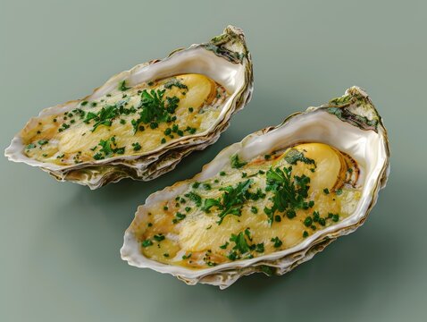 3D render of oysters with a creamy sauce and cheese isolated on gray backdrop, sea food	
