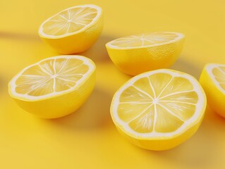 3D render of lemon slices isolated on yellow backdrop, fruit, advertising