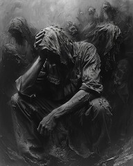 A black and white image of a man sitting on the ground with his head in his hands. The man is surrounded by dark figures.
