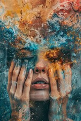 A beautiful woman with glowing eyes and colorful abstract face paint.