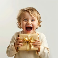 Little boy is very happy to receive a present on his birthday isolated on light background