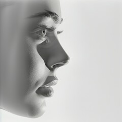 Grayscale image of a beautiful young woman's face, side view, copy space