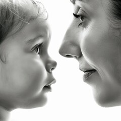 Mother and child face each other, black and white, isolated on white background