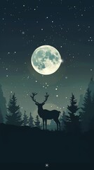 Silhouette of deer under moonlight, phone wallpaper illustration