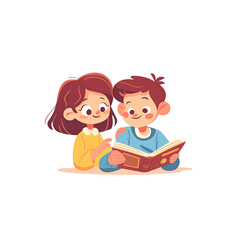 Boy And Girl Immersed In A Book Their Face, Cartoon Illustration