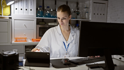 Naklejka na ściany i meble A focused young woman in a white lab coat working at a computer in a modern research laboratory.