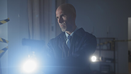 Intense bald man in suit indoors backlit by bright light creating a dramatic mysterious setting.