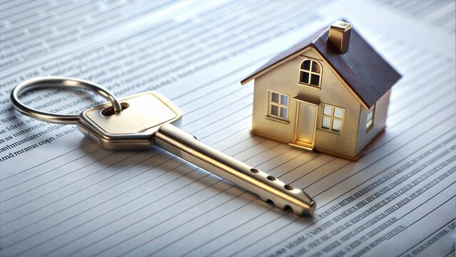 House Key on a Real Estate Contract: An image featuring a house key placed on top of a real estate contract or agreement, symbolizing the finalization of a property transaction.	
