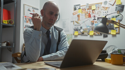 A bald man analyzing evidence in a detective office surrounded by photos, documents, and a laptop.