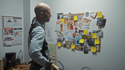 Bald man analyzing evidence on board in detective office setting surrounded by clues and missing...