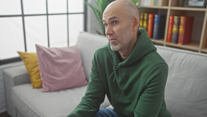 Pensive bald man with beard sitting on couch in living room, looking away thoughtfully.
