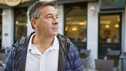 A contemplative mature man in a jacket and shirt stands before a cafe on a city street, embodying...
