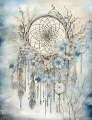 Obraz premium winter themed Iridescent dreamcatcher, fantasy and enchanted forest, watercolor fairytale