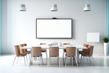 modern and empty conference room with a large blank whiteboard on the wall