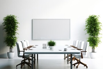 modern office conference room with a large blank whiteboard on the wall, a long conference table with chairs, and two potted plants