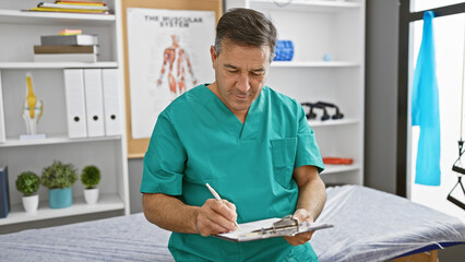 Mature male healthcare professional in scrubs writing notes in a clinic, exemplifying a medical...