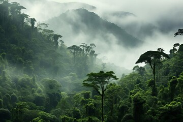 lush green rainforest with tall trees and a misty atmosphere.